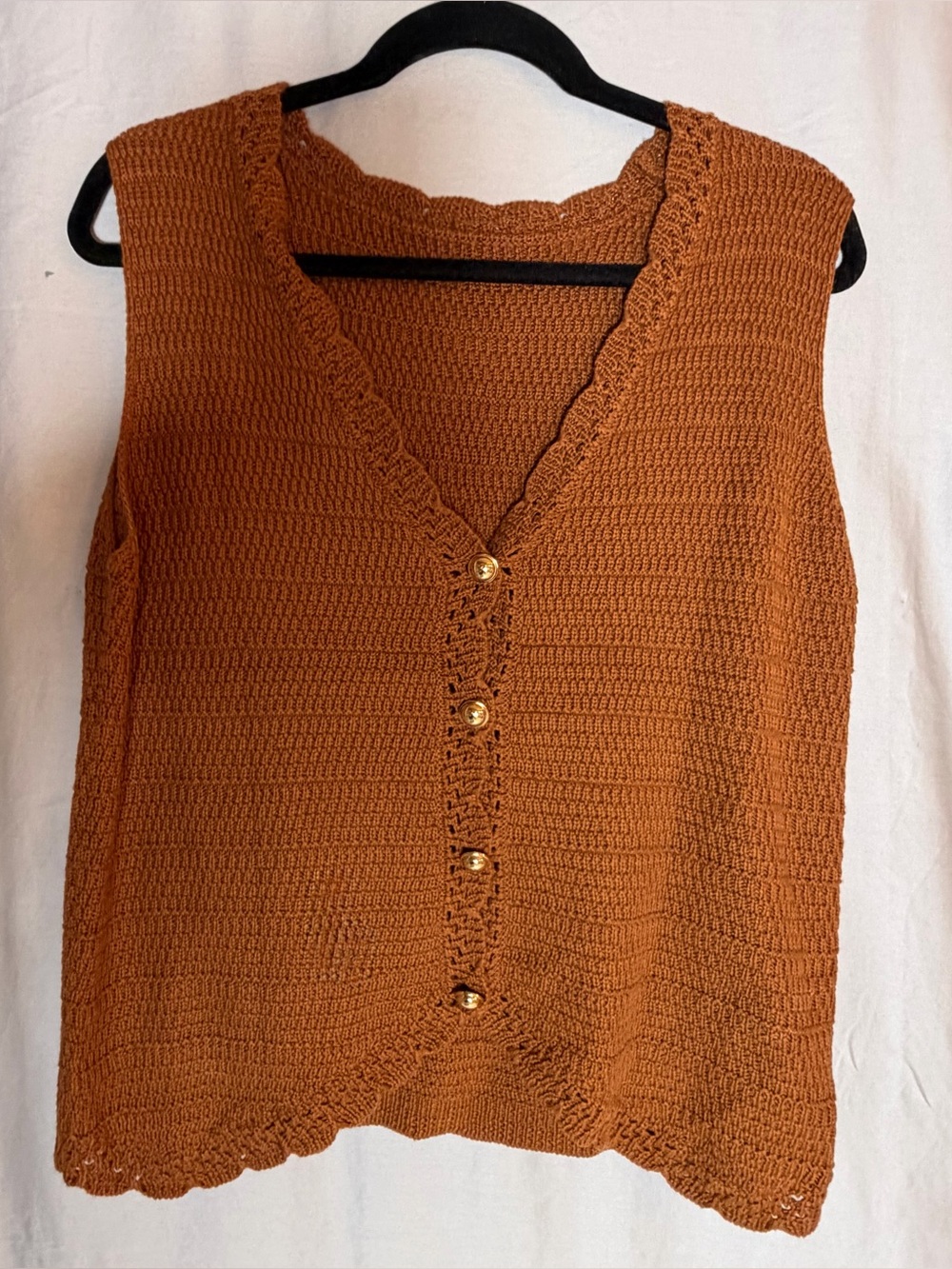 Crocheted V-Neck Button Front vest - Rust/ Brown, XL